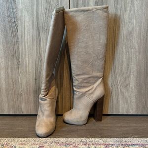 Brian Atwood tan suede knee-high boots 5-inch block heel size 5.5